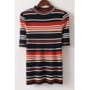 New Fashion Round Neck Short Sleeve Striped Print Slim Knit Sweater