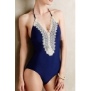 New Arrival Fashion Lace Patched Plunge Neck Halter Open Back One Piece Swimwear