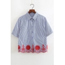 Embroidery Contrast Pattern Single Breasted Short Sleeve Lapel Shirt