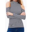New Fashion High Neck Long Sleeve Cold Shoulder Striped Print Women's Basic T-Shirt