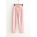 Fashion Drawstring Waist Rolled Up Cuffs Plain Pencil Pants with Pockets