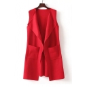Split Sides Lapel Open-Front Sleeveless Plain Cardigan Vest with Tow Pockets