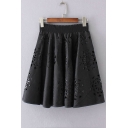 Elastic Waist Cutout Floral Pattern Plain Mini A-Line Skirt
