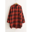 Casual Loose Batwing Sleeve Lapel Collar Classic Plaid Print Shirt with One Pocket