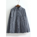 Vertical Striped Single Breasted Lapel Long Sleeve Shirt with Pockets