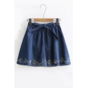 Embroidery Cartoon Cat Elastic Waist Mini A-Line Skirt with Belt
