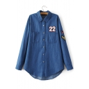 Single Breasted Embroidery Appliqued Pattern Lapel Tunic Denim Shirt