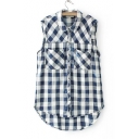 Special High Low Hem Sleeveless Plaid Single Breasted Lapel Shirt with Pockets