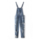 New Arrival Sleeveless Straps Cutout Ripped Denim Overalls