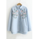 Blue Floral Embroidery Lapel Collar Long Sleeve High Low Hem Shirt