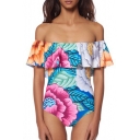 New Arrival Off the Shoulder Floral Print Ruffle Hem One Piece Swimwear