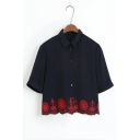 New Arrival Lapel Collar Short Sleeve Hollow Out Embroidered Hem Buttons Down Shirt