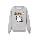 Lovely Cartoon Cat Japanese Letter Printed Round Neck Pullover Sweatshirt