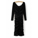 New Stylish Ruched Off the Shoulder Long Sleeve Plain Velvet Maxi Bodycon Dress
