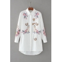 High Low Hem Embroidery Floral Angel Pattern Lapel Tunic Button Down Shirt
