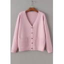 Women's V-Neck Long Sleeve Buttons Down Plain Knit Cardigan with Double Pockets