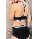 Sexy Strap Back Letter Printed High Waist Bottom Bikinis