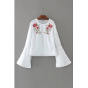 Embroidery Floral Pattern Long Bell Sleeve Round Neck Blouse