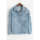 New Arrival Stylish Lapel Collar Long Sleeve Ripped Patched Single Breasted Denim Jacket