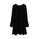 Women's Round Neck Bell Long Sleeve Ruffle Hem Zip-Back Plain Velvet Mini Dress