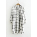 Simple Tied Neck Single Breasted Plaid Color Block Long Sleeve Tunic Shirt