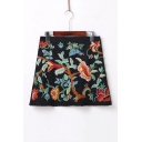 Embroidery Floral Color Block Zip-Side Pleated Hem Mini A-Line Skirt