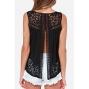 Summer's Lace Patched Crochet Round Neck Short Sleeve Hollow Out Back Tank Top