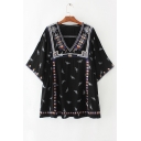Women's V-Neck Half Sleeve Floral Embroidery Loose Mini Peasant Dress
