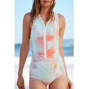 Women's Zipper Front Printed Color Block Sleeveless One-Piece Swimwear
