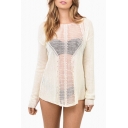 Women's Fashion Sexy Sheer Hollow Out Round Neck Long Sleeve Knit Sweater