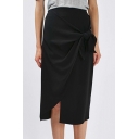 Fashion Bow Front Plain Zip-Back Asymmetric Skirt