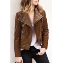 Chic Lapel Zipper Placket Long Sleeve Plain PU Jacket with Zip-Pockets