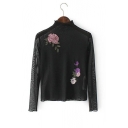 Stand-Up Collar Long Sleeve Floral Embroidery Sheer Mesh Pullover T-Shirt
