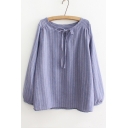 Casual Tied Round Neck Striped Color Block Long Sleeve Blouse Top
