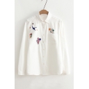 Women's Lapel Collar Long Sleeve Cactus Embroidery Buttons Down Casual Shirt