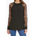 Sexy Raglan Lace Long Sleeve Tied Cut Out V-Back Round Neck Blouse