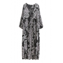 Women's Casual Round Neck 3/4 Sleeve Floral Printed Tie Waist Maxi Dress