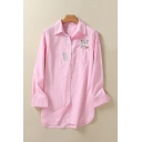 Cute Pocket Embroidery Fox Single Breasted Lapel Tunic Shirt