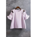 New Arrival Round Neck Ruffle Sleeve Cold Shoulder Ribbons Tie Shoulder Plain Swing Blouse