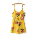 New Arrival Summer Floral Print Spaghetti Straps Hollow Out Waist Rompers