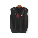 Simple V-Neck Embroidery Floral Pattern Sleeveless Sweater