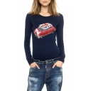Women's Stylish Car Print Round Neck Long Sleeve Slim Knit Pullover Sweater
