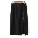 Elastic Waist Metal Button Split Front Plain Midi Pencil Skirt