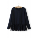New Arrival Round Neck Long Sleeve Lace Patched Hem Pullover Plain Blouse