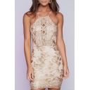 Women's Chic Halter Sleeveless Crisscross Open Back Lace Patched Sexy Mini Pencil Dress