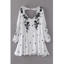 New V Neck Open Back Long Sleeve Floral Embroidery Mini Flared Dress