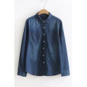 Single Breasted Long Sleeve Lapel Plain Denim Shirt with Two Pockets