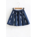 New Stylish Elastic Waist Color Block Mini A-Line Denim Skirt with Belt