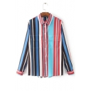 New Stylish Vertical Striped Color Block Lapel Single Breasted Shirt with Two Pockets