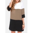 Chic Striped Color Block 3/4 Length Sleeve Round Neck Mini Shift Dress